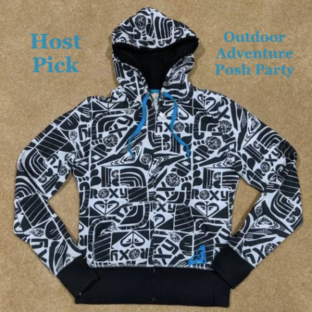 Roxy Black & White Patterned Zip Up Hoodie W Teal… - image 1